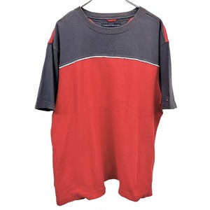 トミーヒルフィガー TOMMY HILFIGER Tシャツ 鹿の子 袖にワンポイントロゴ刺繍 半袖 ショートスリーブ 丸首 綿100% M レッド 赤×紺 メンズ