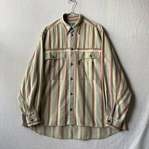 80s 90s Nigel Cabourn シャツ / 3 L コットン ストライプ カーキ ワーク ビンテージ T4-06163-8327