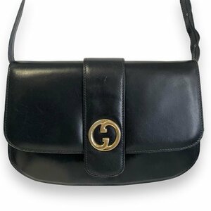 良品 GUCCI オールドグッチ ヴィンテージ インターロッキングG レザー ショルダーバッグ ブラック×ゴールド金具 ◆