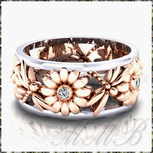 [RING] Rose & White Gold Plated Flower Dragonfly Design Hollow Ring フラワー&トンボ 透彫 デザイン 9mm リング 18号