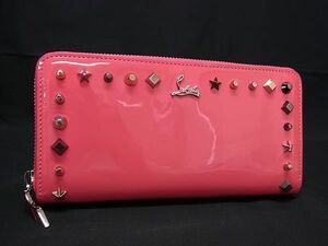 1円 ■極美品■ Christian Louboutin クリスチャンルブタン パネトーネ レザー スタッズ ラウンドファスナー 長財布 ピンク系 AX7060