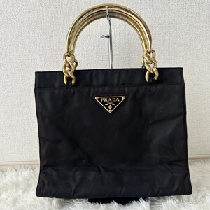 PRADA プラダ トートバッグ メタルハンドル テスートナイロン ハンドバッグ ブラック系 ナイロン ゴールド金具 三角ロゴ