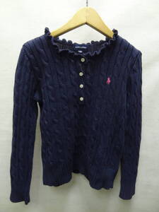 全国送料無料 正規品 ポロ ラルフローレン POLO RALPH LAUREN 子供服キッズ女の子 綿100%素材 縄編み紺色ヘンリーネックセーター 140