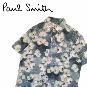 極美品 芸術的逸品 最高級 Paul Smith LONDON フローラル 胡蝶蘭 花柄 総柄 半袖シャツ ドレスシャツ メンズL ポールスミス 日本製 2406135