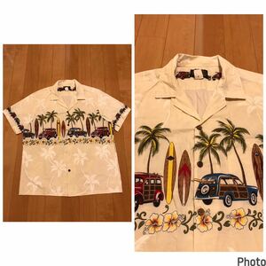 ☆Hawaii製／RESERVE HAWAIIAN COLLECTION サイズXL大き目・日本2XL以上～並　半袖アロハシャツ　全面椰子の木柄入&旧車&ボード ボーダー柄