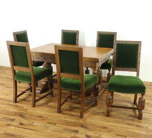 テーブル・チェア6脚セット　ブルボーズレッグ　人気のぶどう柄彫刻　ダイニングセット　イギリス　アンティークフレックス　56823