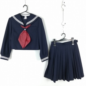 1円 セーラー服 スカート スカーフ 上下3点セット トンボ 冬物 白3本線 女子 学生服 中学 高校 紺 制服 中古 ランクC EY5206