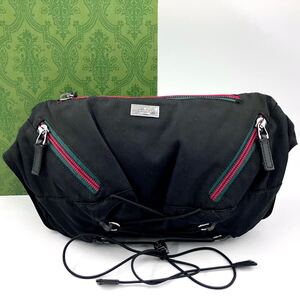 極美品● GUCCI 2340 グッチ シェリーライン ボディバッグ ウエストバッグ ナイロン キャンバス ブラック 黒　メンズ