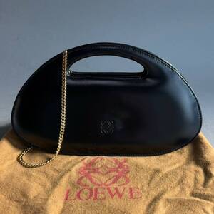 YM645 LOEWE ロエベ カーフレザー ミニチェーンハンドバッグ ロゴ型押し ヴィンテージ ブラック 保存袋付 検)ハイブランド 本革 レディース