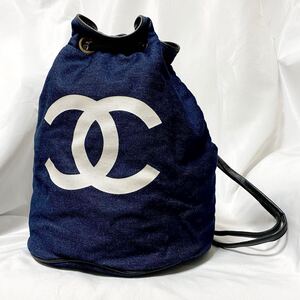 超幻級●外観極美品●CHANEL シャネル デニム デカ ココマーク プールバッグ ノベルティ 巾着型 VIPギフト バックパック リュック 大容量 