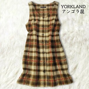 334 【YORKLAND】 ヨークランド アンゴラ混 チェック柄 ノースリーブ ワンピース 9AR M ブラウン 茶色 秋冬 前ボタン 膝丈 ひざ丈 起毛