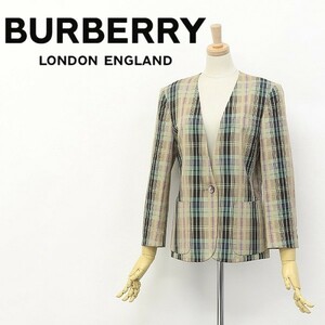 ヴィンテージ◆BURBERRYS バーバリー コットン＆リネン チェック柄 1釦 ノーカラー ジャケット 7AP