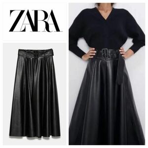 ZARA ベルト付き　レザー風スカート　フェイクレザー　フレアスカート　S