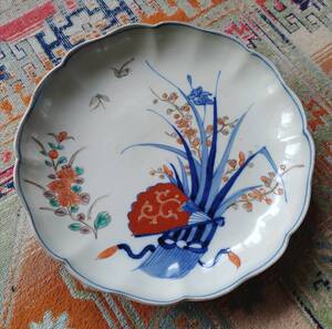 古伊万里 色絵染付花柄図 中皿(22cm) 明治期