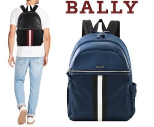 21万新品◆BALLYバリー◆バリーストライプ柄 メタルロゴプレート付き大型バックパック リュック型バッグ濃青 BLUE SKY 1円