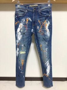 伸縮性抜群 春夏 ペイント ZARA MAN ウルトラ ストレッチ スキニー 送料230円 38 30 ダメージ デニム パンツ メンズ ジーンズ