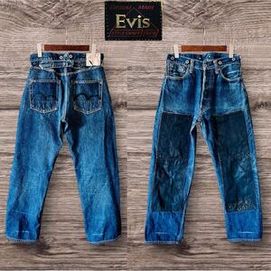 EVISU ダブルニー ジーンズ デニムパンツ エヴィスジーンズ カスタムペイント 黒カモメ カモメマーク タテオチ アメカジ ワーク ジーパン