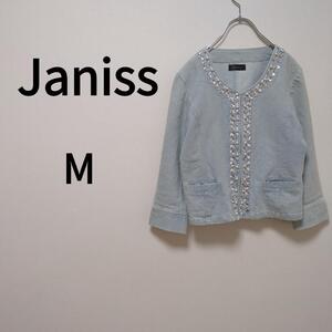 【Janiss】ノーカラーデニムジャケット(M)Gジャン＊伸縮性＊パール