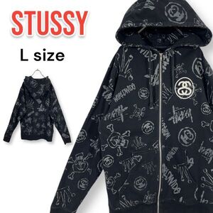 【レア】STUSSY ステューシー 00s 総柄 SSロゴ クラウン ドクロ スウェット パーカー Lサイズ 黒 ブラック