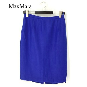 A7242/極美品 春夏 MaxMara マックスマーラ 白タグ リネン100% スリム タイト ペンシル 膝丈 スカート 44 XL程 青/レディース スーツ用