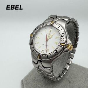 １円〜 美品 希少 電池新品 稼働品 EBEL エベル クォーツ E6187531 スポーツウェーブ ダイバー 腕時計 200M デイト シルバー ホワイト 