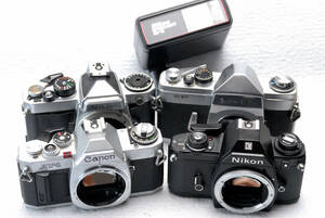 ニコン・キャノン・コニカ製 昔の高級カメラ+ストロボ 5台まとめて 希少品 ジャンク