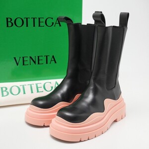 MH2106*イタリア製 Bottega Veneta ボッテガヴェネタ Size 37.5 タイヤ チェルシーブーツ レザーサイドゴアブーツ 靴 ブラック×ピンク