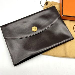 1円【未使用保管品】HERMES エルメス クラッチバッグ セカンドバッグ ポシェット リオ ボックスカーフ ダークブラウン 箱付き ○R刻印