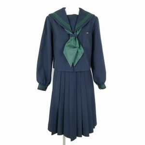 1円 セーラー服 スカート スカーフ 上下3点セット 指定 大きいサイズ 冬物 緑3本線 女子 学生服 中学 高校 紺 制服 中古 ランクC NA8850