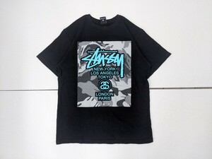 6．STUSSY 希少 金沢限定色 00s オールド ステューシー ワールドツアー ロゴ プリント 半袖 Tシャツ ストリート メンズS 黒灰水色系x809