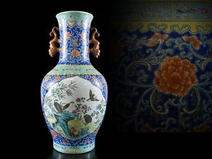 【雲】中国古玩 唐物 色絵粉彩花鳥絵付耳付花瓶 高さ54cm 古美術品(旧家蔵出)DA9527y OTcdsq