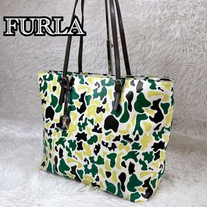 【希少】FURLA フルラ 迷彩 トートバッグ A4 可能 PVC レザー カモフラージュ イタリア製 ファイル テキスト 自立 肩掛け 教科書 通勤通学