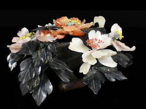 【雲】某資産家買取品 中国古玩 唐物 石玉細工 花 置物 34.5×37×15.5cm 重さ2280g 古美術品(翡翠瑪瑙)J1087 CTfjuht