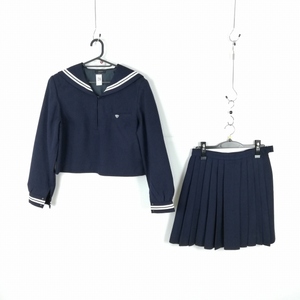 1円 セーラー服 スカート 上下2点セット 指定 大きいサイズ 冬物 白2本線 女子 学生服 神奈川平塚農業高校 紺 制服 中古 ランクC EY3184