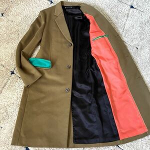 美品◆XL2 現行 Paul Smith ポールスミス チェスター コート チェスターコート ロング メンズ ウール 裏地マルチカラー オリーブベージュ