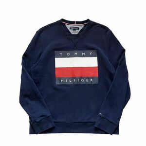 【TOMMY HILFIGER】 トミーヒルフィガー スウェット トレーナー メンズ XL 紺/ネイビー ロゴ プリント フラッグ クルーネック 古着 USED