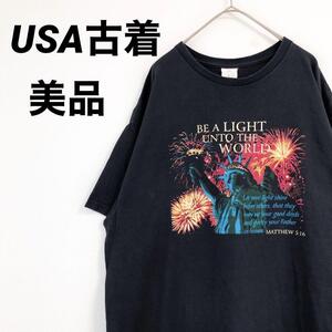 【美品】半袖シャツ　カットソー　自由の女神　USA古着　ブラック　希少