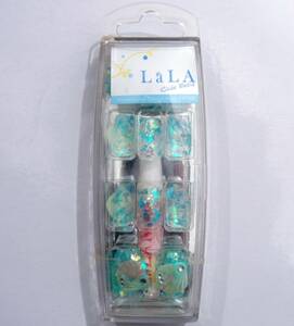 送料180円~ 未使用LALA CUBE NAILネイルチップ24枚入りネイルアートつけ爪シェル貝ラインストーン韓国製ブルーグリーン系