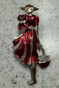 当時物 赤 縦7.5cm ☆ ヴィンテージ ブローチ Vintage brooch / パリジェンヌ アクセサリー アンティーク お洒落