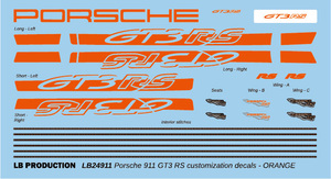 LB Production LB24911：タミヤ 1/24 ポルシェ 911 GT3 RS (992)用 オレンジ色カスタムデカール 水転写デカールLB24911橙色