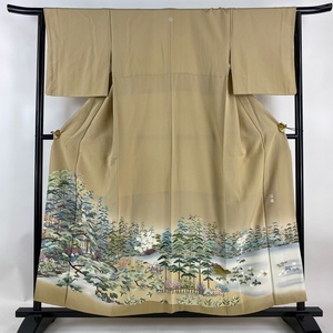 色留袖 身丈155.5cm 裄丈64cm M 袷 松本健一 落款 家屋 松竹梅 染め分け ぼかし 薄茶色 正絹 秀品 一つ紋 【中古】