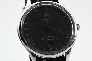 稼働品 ドゥッファ デイト GMT ラウンド DF-9006 黒文字盤 クオーツ メンズ 腕時計 DUFA