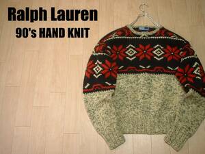 高級POLO by RALPH LAURENハンドニットHAND KNITノルディックウールセーター美品Mフェアアイル正規ポロバイラルフローレンネイティブ柄お宝