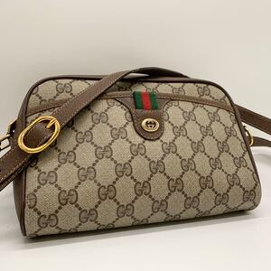 美品 GUCCI グッチ ショルダーバッグ ポシェット GGスプリーム PVC シェリーライン オールドグッチ ビンテージ インターロッキング 茶色