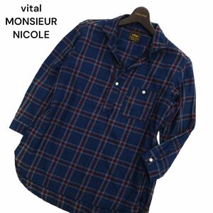 vital MONSIEUR NICOLE ムッシュ ニコル 春夏 プルオーバー 7分袖★ チェック シャツ Sz.46　メンズ ネイビー　C4T01574_2#A