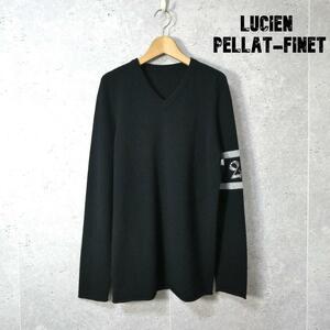 美品 lucien pellat-finet ルシアンぺラフィネ サイズS カシミヤ100％ 袖ロゴ ラインストーン Vネック ニット セーター ブラック