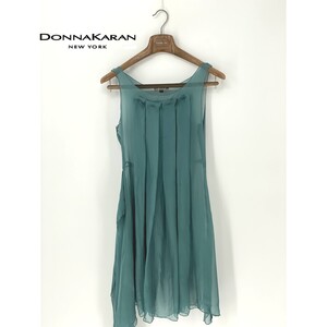 A8572/美品 春夏 DKNY DONNA KARAN ダナ・キャラン シルク ノースリーブ プリーツ ベルト レース 膝丈 ワンピース 4 M程 L程 緑 レディース