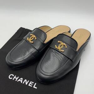 ［極美品］シャネル　CHANEL ローファーサンダル　ココマーク　ラインストーン　ミュール ゴールド クリスタル　ブラック　38 24cm相当