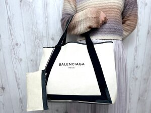 極美品 BALENCIAGA バレンシアガ ネイビーカバス M トートバッグ ハンドバッグ バッグ キャンバス×レザー ナチュラル×黒 A4可 80479Y