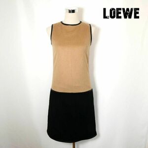 美品 LOEWE ロエベ サイズ38 キャメル100％ ラムレザー バイカラー クルーネック ノースリーブ 膝丈 ワンピース ベージュ×ブラック